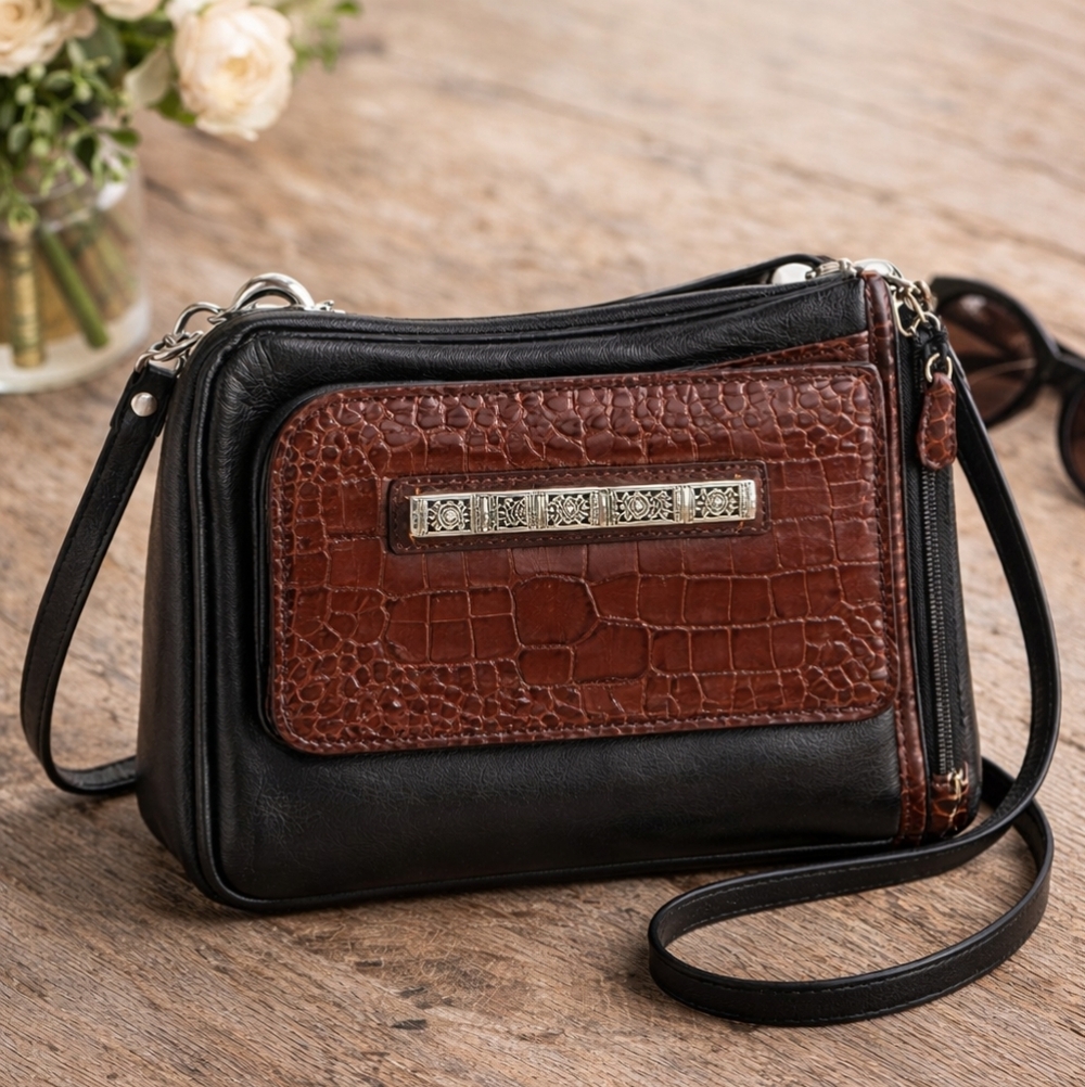 Brighton Brown Croc Embossed & Black Leather Crossbody Bag With Built In Wallet